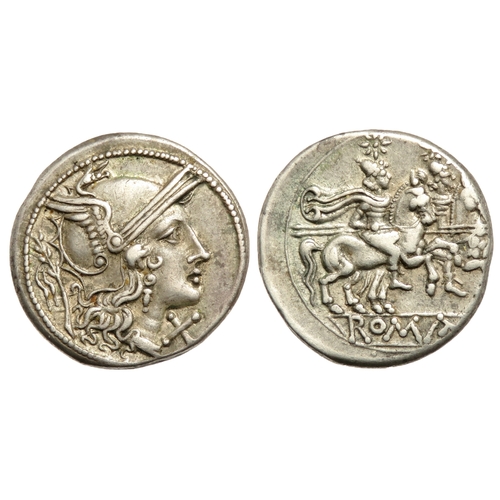 200 - Roman Republic. Denarius, 211-206 BC. Helmeted head of Roma right, X below chin; branch behind. R. t... 