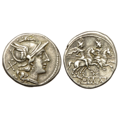 201 - Roman Republic. Denarius, 211-206 BC. Helmeted head of Roma right, X behind. R. the Dioscuri on hors... 