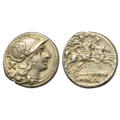 202 - Roman Republic. Denarius, 211-206 BC. Helmeted head of Roma right, X behind. R. the Dioscuri on hors... 