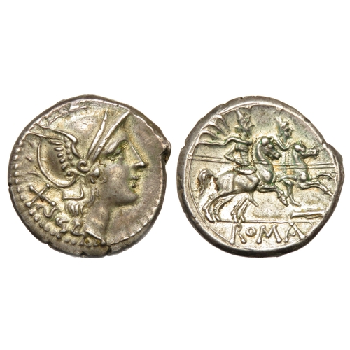 203 - Roman Republic. Denarius, 211-206 BC. Helmeted head of Roma right, X behind. R. the Dioscuri on hors... 