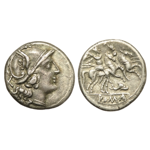 204 - Roman Republican Anonymous, 209-208 BC. Denarius, Rome. Helmeted head of Roma right, X behind head. ... 