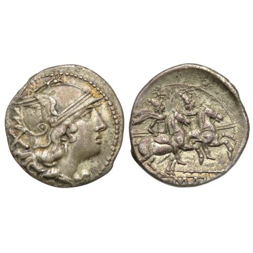 205 - Roman Republic. Denarius, 211-206 BC. Helmeted head of Roma right, X behind. R. the Dioscuri on hors... 