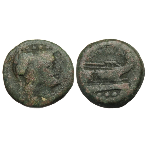 206 - Roman Republic: Anonymous Triens after 211 BC. Helmeted head of Minerva right, four pellets above (m... 