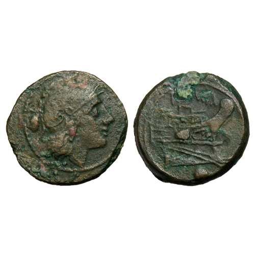 211 - Roman Republic: Uncia, 217-215 BC. Head of Roma left, wearing crested Attic helmet; pellet behind. R... 