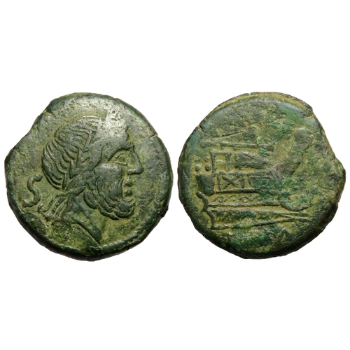 212 - Roman Republic: Anonymous Semis, circa 208 BC. Laureate head of Saturn right, S behind. R. Prow righ... 