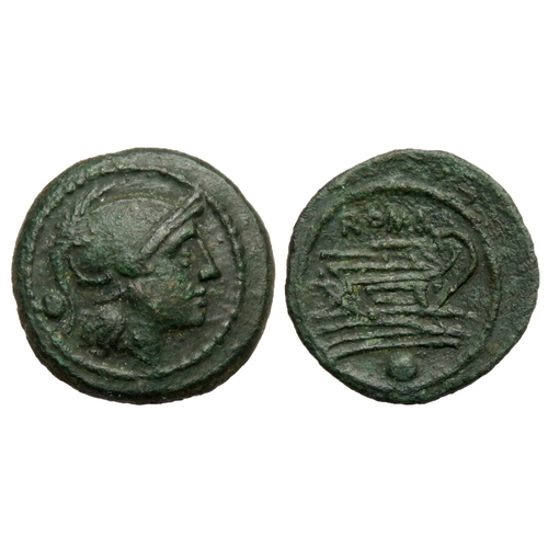 213 - Roman Republic: Uncia, 217-215 BC. Helmeted head of Roma left, pellet behind. R. ROMA, Prow of ship ... 