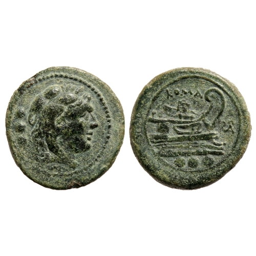 214 - Roman Republic: Anonymous Semis, after 211 BC. Head of Hercules right, three pellets behind. R. Prow... 