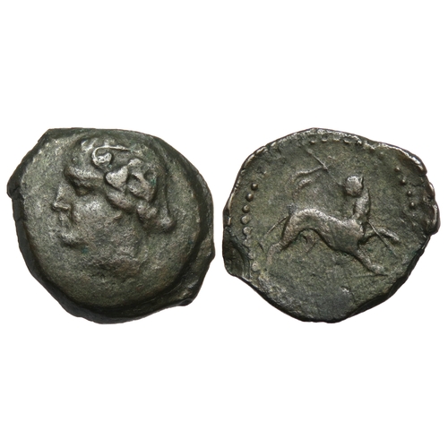 230 - Capua, Campania. Anonymous AE As, struck for Marc Antony. 37-35 BC. Head of Dionysos-Bacchus right w... 