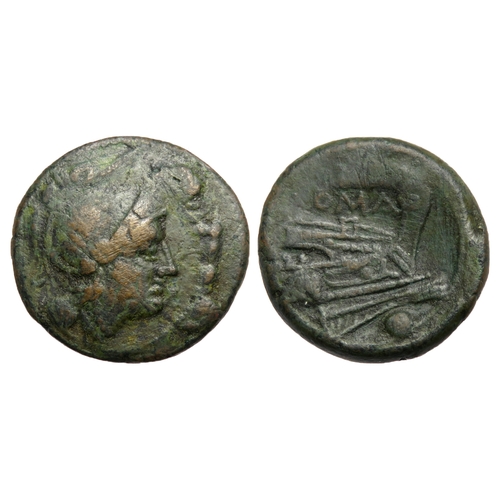 217 - Roman Republic: Uncia, 217-215 BC. Head of Roma left, wearing crested Attic helmet, pellet (mark of ... 