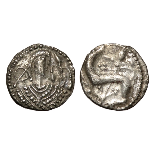 313 - Series K sceatta, type 42. Secondary phase, 710-760 AD. Silver, 12mm. 0.91g. Diademed bust right hol... 