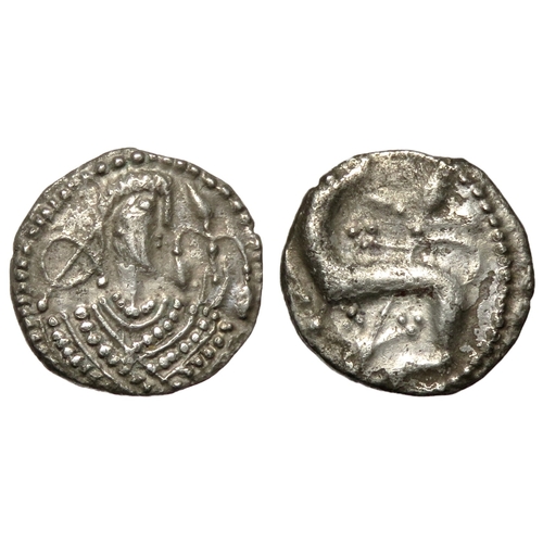 313 - Series K sceatta, type 42. Secondary phase, 710-760 AD. Silver, 12mm. 0.91g. Diademed bust right hol... 