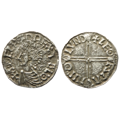 319 - Aethelred II penny. Long cross type, BMC IVa. London. Silver, 19mm. 0.85g. Bare-headed bust left, +E... 