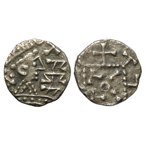 310 - Series C sceat. Primary phase, circa 680-710 AD. Silver, 11mm. 1.10g. Radiate bust right, runic insc... 