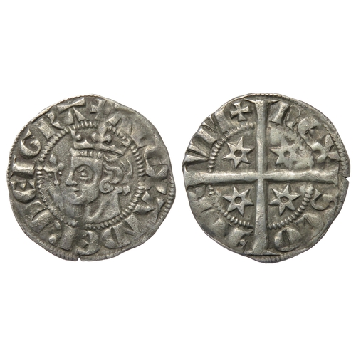 327 - Alexander III penny. Second coinage, 1280-86 AD. Silver, 1.32g. 19mm. Crowned bust left with sceptre... 