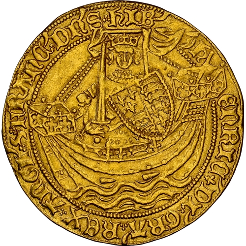 373 - Henry VI. First reign, 1422-1461. Gold Noble, annulet issue. London mint. 1422-1423. Henry standing ... 