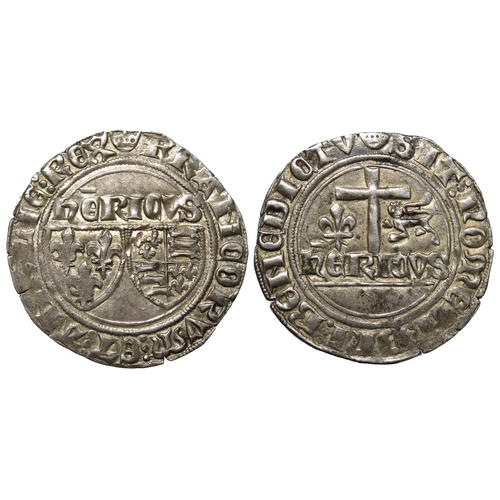 375 - Anglo-Gallic, Henry VI grand blanc, Paris. Silver, 28mm. 3.13g. HENRICVS over French and English arm... 