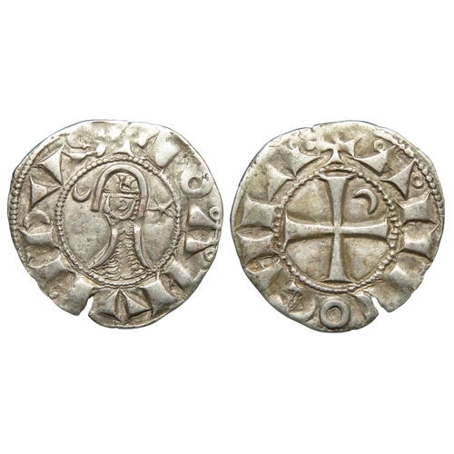 395 - Bohemond III denier, Antioch. 1163-1201 AD. Helmeted head left, star to right; inverted crescent to ... 