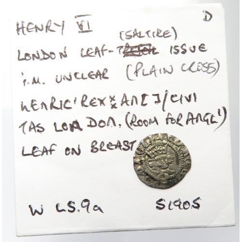 374 - Henry VI halfpenny. Leaf trefoil issue, 1436-8 AD. London. 0.43g, 13mm. Ref: S.1905.