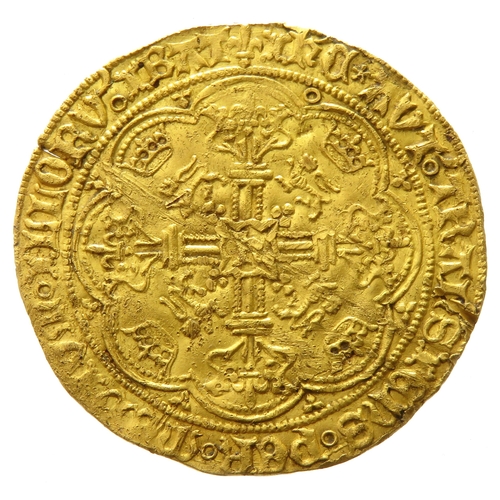 369 - Henry VI Noble, Annulet issue 1422-1430. Gold, 7.0g. 34mm. King standing on ship, holding shield wit... 