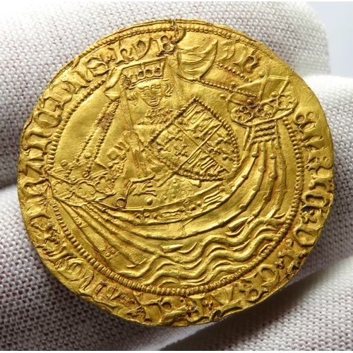 369 - Henry VI Noble, Annulet issue 1422-1430. Gold, 7.0g. 34mm. King standing on ship, holding shield wit... 