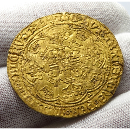 369 - Henry VI Noble, Annulet issue 1422-1430. Gold, 7.0g. 34mm. King standing on ship, holding shield wit... 