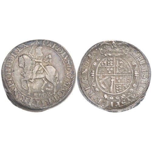 445 - Charles I Half crown York mint. 1643-4 AD. King seated on horseback walking left, EBOR below. R. Cro... 