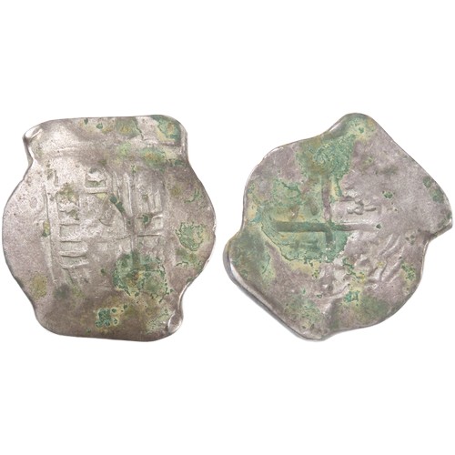 455 - Spanish 8 reals (cob). Circa 1650 AD. Silver, 18.25g. 43mm. Mexico mint?. Shield of arms. R. Cross w... 