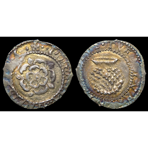 439 - James I penny. Second coinage, 1604-1619 AD. Silver, 0.51g. 14mm. Rose, I D G ROSA SINE SPINA. R. Th... 