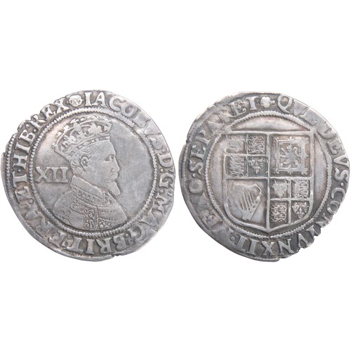 438 - James I shilling. Second coinage, 1604-1619. Mint mark rose, third bust. Crowned bust right, XII mar... 