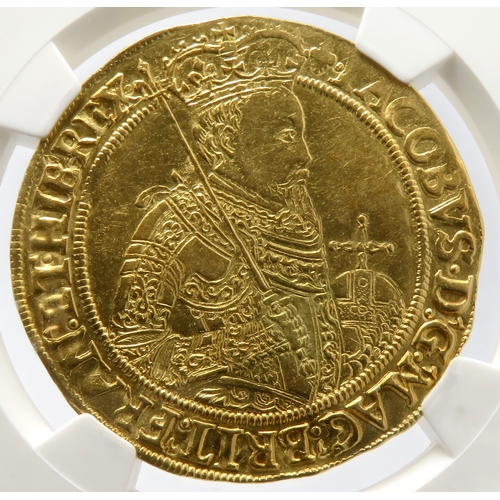 James I gold Unite ND (1604-1605) AU55 NGC, Tower mint, Lis mm, Second Coinage, Second Bust. Ref: KM45, S-2618, N-2083. IACOBVS D G MAG BRIT FRAN ET HIB REX, crowned and armoured half-length figure of James right, orb in left hand, scepter in right. R. crowned arms with I-R to either side. A highly covetable piece of hammered English gold. The features of his armour appear pin-point precise and fully detailed.