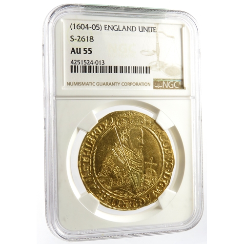 437 - James I gold Unite ND (1604-1605) AU55 NGC, Tower mint, Lis mm, Second Coinage, Second Bust. Ref: KM... 