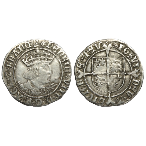 410 - Henry VIII groat. Second coinage 1526-44 AD. Mint mark rose. Crowned bust right. Laker bust D. R. Sh... 