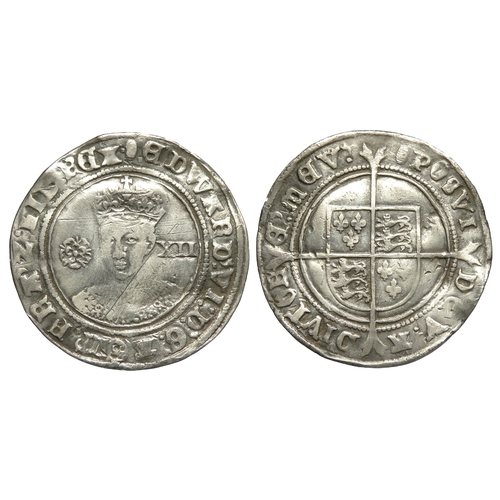 416 - Edward VI shilling. Fine silver issue,  1551-53 AD. Crwoned facing bust, rose left; XII mark of valu... 