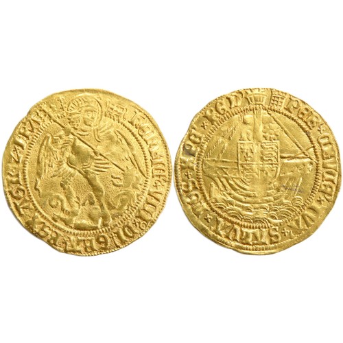 403 - Henry VIII Angel. First coinage, 1509-26 AD. Gold, 5.16g. 29mm. St Michael and dragon, HENRIC VIII D... 