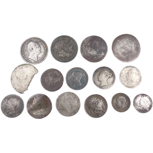 489 - Group of mixed silver milled coins. 18th-20th century. George III through to George V. Weight: 2.53g... 