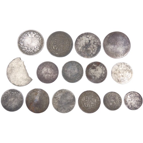 489 - Group of mixed silver milled coins. 18th-20th century. George III through to George V. Weight: 2.53g... 