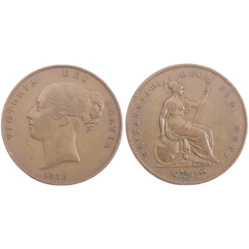 475 - 1858 Victoria penny. Young head left, VICTORIA DEI GRATIA, date below. R. Britannia seated right. Co... 