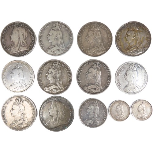 477 - Victoria silver coinage (13). To include, eight crowns: 1889, 1890 x2, 1891 x2, 1892 & 1896. Dou... 