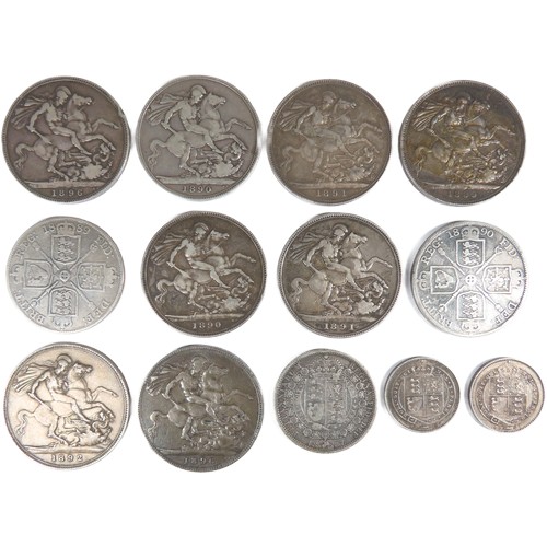 477 - Victoria silver coinage (13). To include, eight crowns: 1889, 1890 x2, 1891 x2, 1892 & 1896. Dou... 