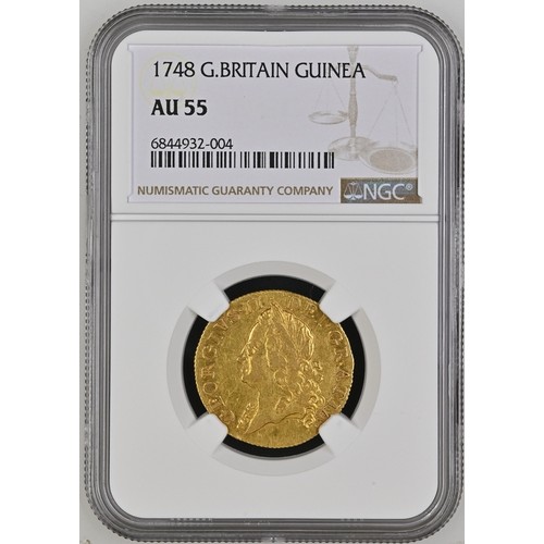 473 - George II. 1727-1760. Guinea 1748. REF: Bull, Gold 611; MCE 323; SCBC 3680. In NGC encapsulation 684... 