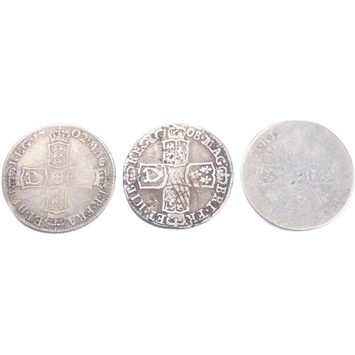 470 - Anne shillings (3). 1702 VIGO, 1704 & 1708. 5.3g-5.8g. Draped bust left, ANNA DEI GRATIA. R. Cro... 