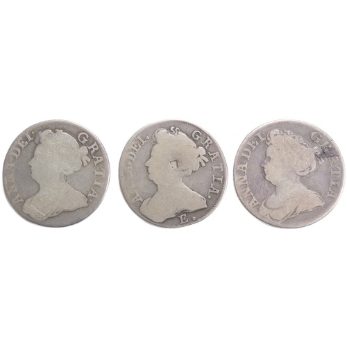 471 - Anne shillings (3). 1708, 1708 E & 1711. 5.5g-5.9g. Draped bust left, ANNA DEI GRATIA. R. Crowne... 