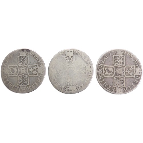 471 - Anne shillings (3). 1708, 1708 E & 1711. 5.5g-5.9g. Draped bust left, ANNA DEI GRATIA. R. Crowne... 