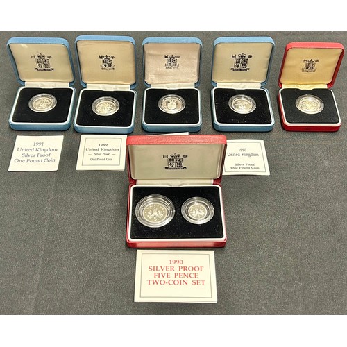 500 - Royal Mint, Silver proof coins (7). to include, 1983, 1988, 1989, 1990, 1991, one pound coins and th... 