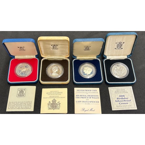 501 - Royal Mint, Silver Proof Crowns. (4) Queen Elizabeth 80th Birthday Crown, 90th Birthday Crown, Marri... 