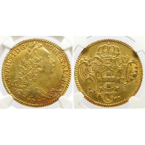 506 - Jose I gold 6400 Reis 1772-R. Graded MS61 NGC. Rio de Janeiro mint. Ref: KM172.2. 14.34g, A pleasing... 