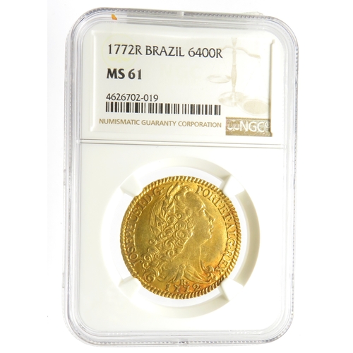 506 - Jose I gold 6400 Reis 1772-R. Graded MS61 NGC. Rio de Janeiro mint. Ref: KM172.2. 14.34g, A pleasing... 