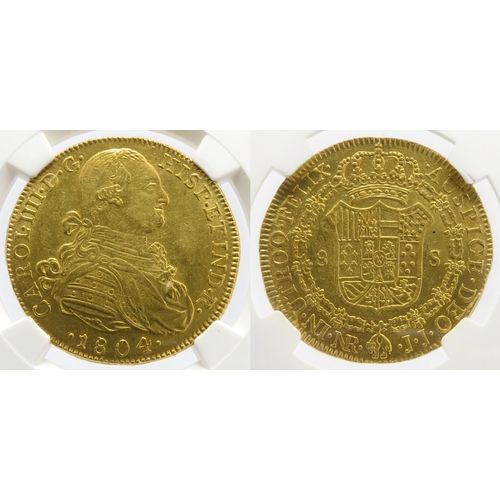 508 - Charles IV gold 8 Escudos 1804 NR-JJ. Graded MS61 NGC. Nuevo Reino mint, ref: KM62.1. An always diff... 