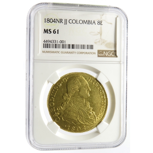 508 - Charles IV gold 8 Escudos 1804 NR-JJ. Graded MS61 NGC. Nuevo Reino mint, ref: KM62.1. An always diff... 