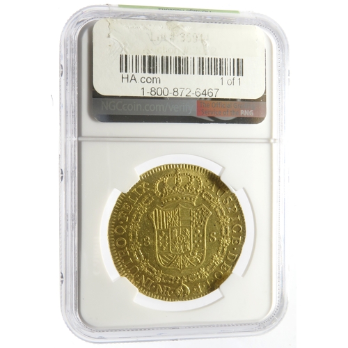 508 - Charles IV gold 8 Escudos 1804 NR-JJ. Graded MS61 NGC. Nuevo Reino mint, ref: KM62.1. An always diff... 